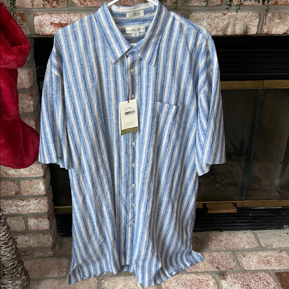 NWT Cutter & Buck Men's Linen‎ Blend Striped Button Down Short Sleeve Shirt  XLT
